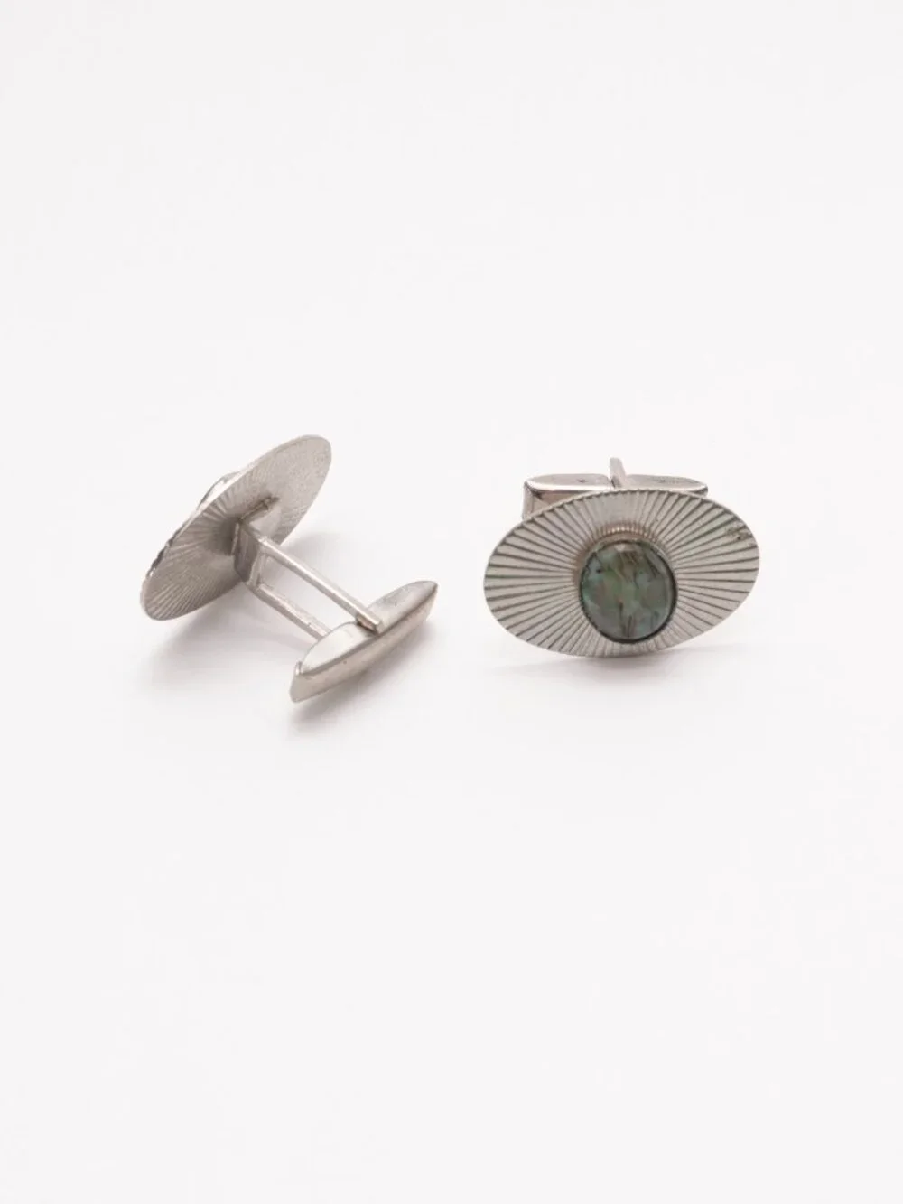 Vintage silver Tone CUFFLINKS Light Green Cabochon